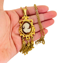 Load image into Gallery viewer, Vintage gold tone faux cameo dangle chain designer necklace
