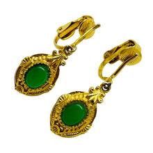 Load image into Gallery viewer, Vintage gold tone faux green jade drop designer earrings
