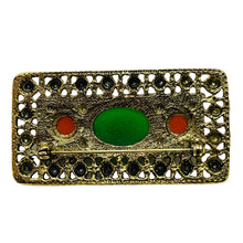 Load image into Gallery viewer, Vintage gold tone faux jade carnelian Etruscan brooch designer brooch
