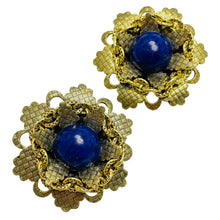 Load image into Gallery viewer, Vintage gold tone faux lapis flower designer clip on earrings

