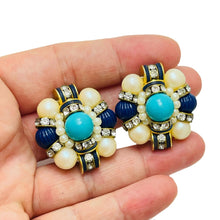 Load image into Gallery viewer, Vintage gold tone faux lapis pearl turquoise designer runway clip on earrings
