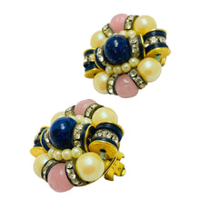 Load image into Gallery viewer, Vintage gold tone faux lapis quartz pearl designer runway clip on earrings
