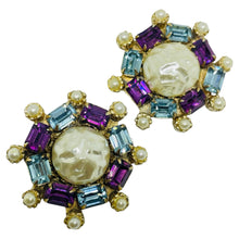 Load image into Gallery viewer, Vintage gold tone faux pearl amethyst topaz glass designer clip on earrings
