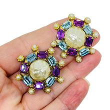 Load image into Gallery viewer, Vintage gold tone faux pearl amethyst topaz glass designer clip on earrings
