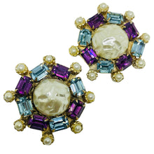 Load image into Gallery viewer, Vintage gold tone faux pearl amethyst topaz glass designer clip on earrings
