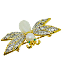 Load image into Gallery viewer, Vintage gold tone faux pearl crystals emerald eyes bee insect designer brooch
