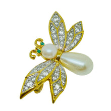 Load image into Gallery viewer, Vintage gold tone faux pearl crystals emerald eyes bee insect designer brooch
