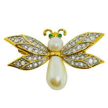 Load image into Gallery viewer, Vintage gold tone faux pearl crystals emerald eyes bee insect designer brooch
