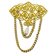 Load image into Gallery viewer, Vintage gold tone faux pearl dangle chain designer brooch
