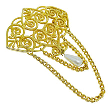 Load image into Gallery viewer, Vintage gold tone faux pearl dangle chain designer brooch
