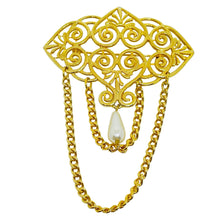 Load image into Gallery viewer, Vintage gold tone faux pearl dangle chain designer brooch
