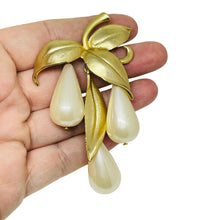 Load image into Gallery viewer, Vintage gold tone faux pearl dangle leaf designer brooch
