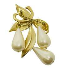Load image into Gallery viewer, Vintage gold tone faux pearl dangle leaf designer brooch
