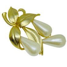 Load image into Gallery viewer, Vintage gold tone faux pearl dangle leaf designer brooch
