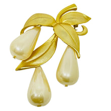 Load image into Gallery viewer, Vintage gold tone faux pearl dangle leaf designer brooch
