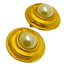 Load image into Gallery viewer, Vintage gold tone faux pearl designer clip on earrings
