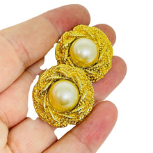 Load image into Gallery viewer, Vintage gold tone faux pearl designer clip on earrings
