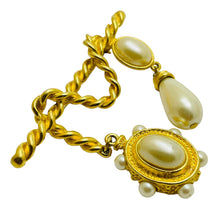 Load image into Gallery viewer, Vintage gold tone faux pearl etruscan style designer brooch
