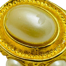 Load image into Gallery viewer, Vintage gold tone faux pearl etruscan style designer brooch
