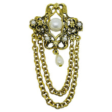 Load image into Gallery viewer, Vintage gold tone faux pearls dangle chains designer brooch
