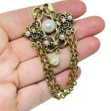 Load image into Gallery viewer, Vintage gold tone faux pearls dangle chains designer brooch
