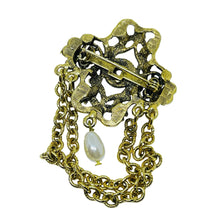 Load image into Gallery viewer, Vintage gold tone faux pearls dangle chains designer brooch
