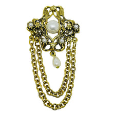 Load image into Gallery viewer, Vintage gold tone faux pearls dangle chains designer brooch
