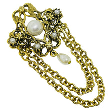 Load image into Gallery viewer, Vintage gold tone faux pearls dangle chains designer brooch
