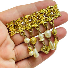 Load image into Gallery viewer, Vintage gold tone faux pearls dangle charms designer brooch
