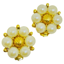 Load image into Gallery viewer, Vintage gold tone faux pearls flower designer clip on earrings
