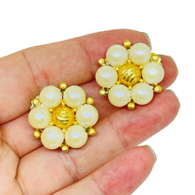Load image into Gallery viewer, Vintage gold tone faux pearls flower designer clip on earrings
