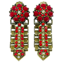 Load image into Gallery viewer, Vintage gold tone faux pearls red rhinestones designer clip on earrings
