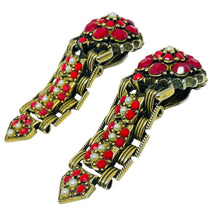 Load image into Gallery viewer, Vintage gold tone faux pearls red rhinestones designer clip on earrings
