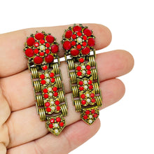 Load image into Gallery viewer, Vintage gold tone faux pearls red rhinestones designer clip on earrings
