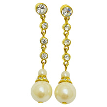 Load image into Gallery viewer, Vintage gold tone faux pearls rhinestone designer dangle earrings
