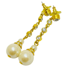 Load image into Gallery viewer, Vintage gold tone faux pearls rhinestone designer dangle earrings

