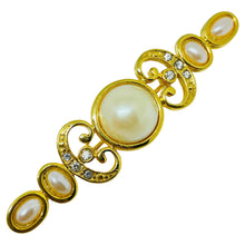 Load image into Gallery viewer, Vintage gold tone faux pearls rhinestones designer brooch
