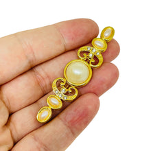Load image into Gallery viewer, Vintage gold tone faux pearls rhinestones designer brooch
