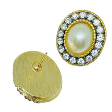 Load image into Gallery viewer, Vintage gold tone faux pearls rhinestones designer pierced earrings
