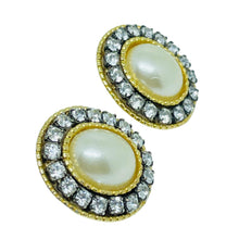 Load image into Gallery viewer, Vintage gold tone faux pearls rhinestones designer pierced earrings

