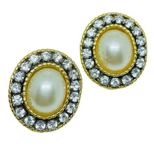 Load image into Gallery viewer, Vintage gold tone faux pearls rhinestones designer pierced earrings

