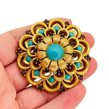 Load image into Gallery viewer, Vintage gold tone faux turquoise rhinestone brooch
