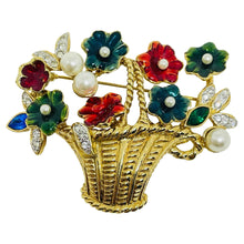 Load image into Gallery viewer, Vintage gold tone flower basket enamel pearls rhinestones designer brooch
