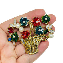 Load image into Gallery viewer, Vintage gold tone flower basket enamel pearls rhinestones designer brooch
