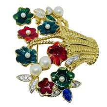 Load image into Gallery viewer, Vintage gold tone flower basket enamel pearls rhinestones designer brooch
