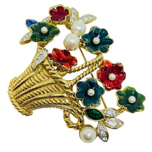 Load image into Gallery viewer, Vintage gold tone flower basket enamel pearls rhinestones designer brooch
