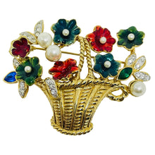 Load image into Gallery viewer, Vintage gold tone flower basket enamel pearls rhinestones designer brooch
