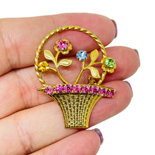 Load image into Gallery viewer, Vintage gold tone flower basket rhinestones designer brooch
