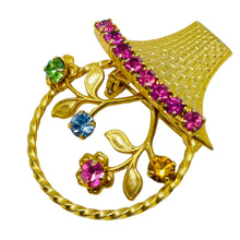 Load image into Gallery viewer, Vintage gold tone flower basket rhinestones designer brooch
