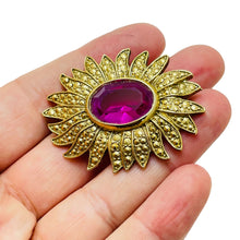 Load image into Gallery viewer, Vintage gold tone flower fuchsia pink glass designer brooch
